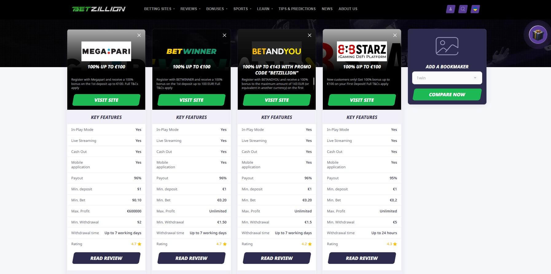 Sports Betting Sites Comparison Tool