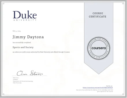 Jimmy Daytona`s Certificate on Sports and Society Course Completion